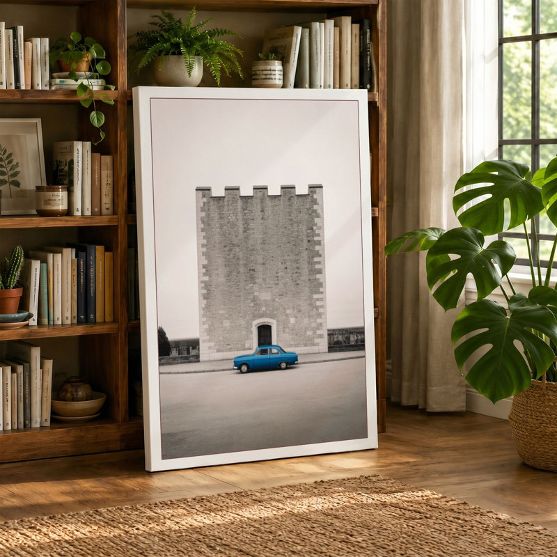 Blue Car at Concrete Tower Industrial - Wrapped Canvas, 18x12 - 45.7 x 30.5 cm, Ochre Border