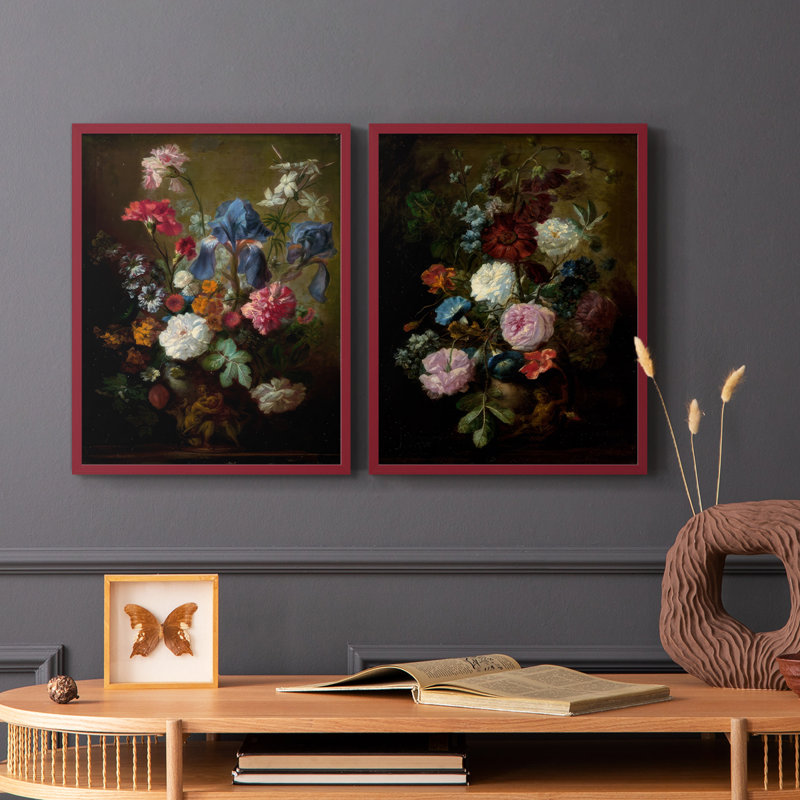 Impression encadrée Demure Dutch Floral I-Premium - prêt à être accroché - aucun clou requis, Rouge, H 15 po x l 24 po