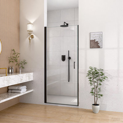 34" W x 72" H Semi-Frameless Circular Pivot Shower Door in Matte Black With 1/4" (6mm) Thick SGCC Tempered Glass
