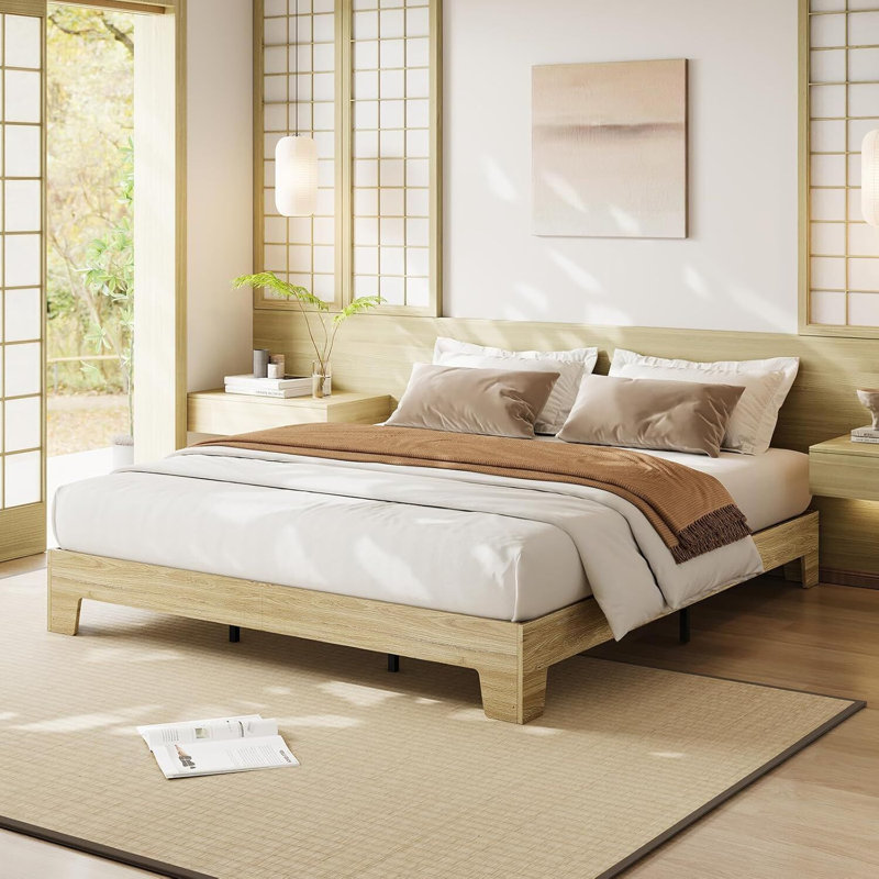Platform Bed Frame with Wood & Metal Slats, 10.2" Underbed Storage, Easy Assembly, Tan, King
