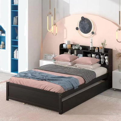 Wooden Bed With Bookcase And Trundle, Wood Slat Support