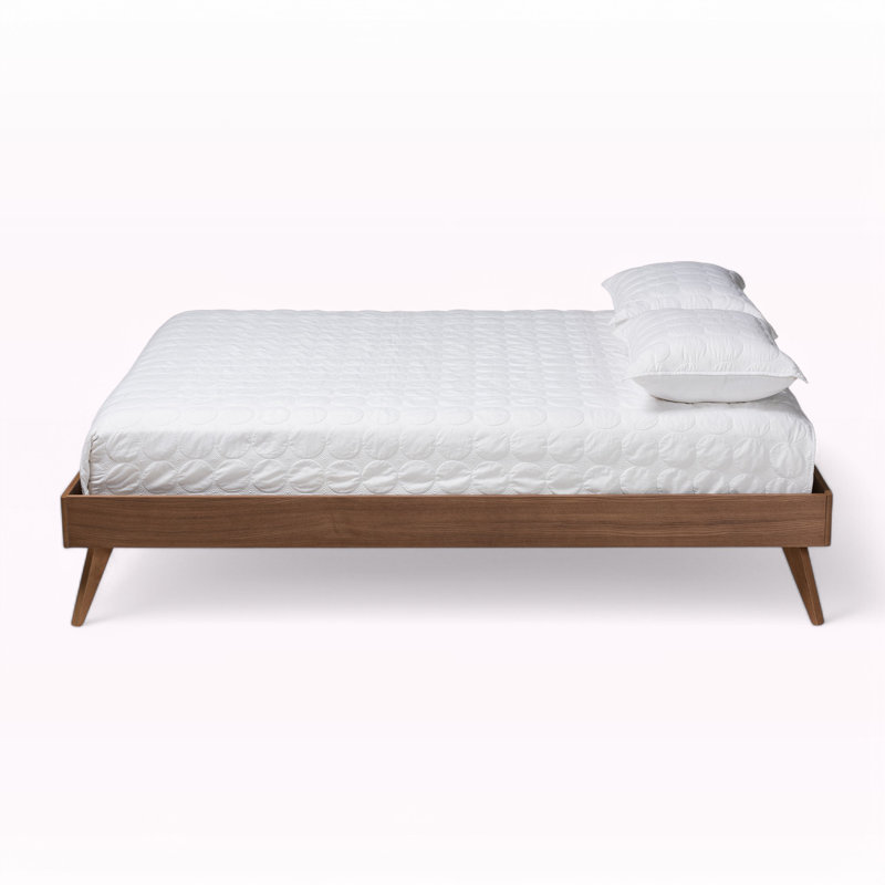 Mid-Century Modern Walnut Brown Full Platform Bed with Tufted Upholstery