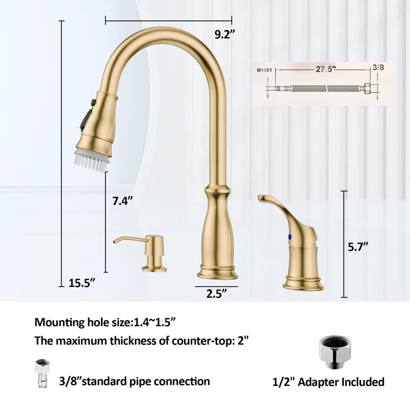 Stainless Steel 3-Hole Kitchen Faucet With Pull-Down Sprayer With Soap Dispenser And Separate Handle, High Arc Kitchen Faucet With Removable Brush For 2 Or 3-Hole Sinks.
