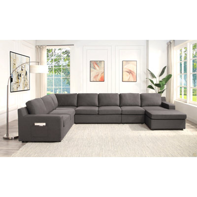 Waylon 145.5" Gray Linen 7-Seater U-Shape Sectional Sofa Chaise With Pocket
