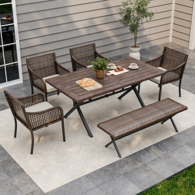 6 Pieces Patio Dining sets with 1 Rectangular Table & 4 Wicker chair & 1 Wicker Bench by Bayou Breeze