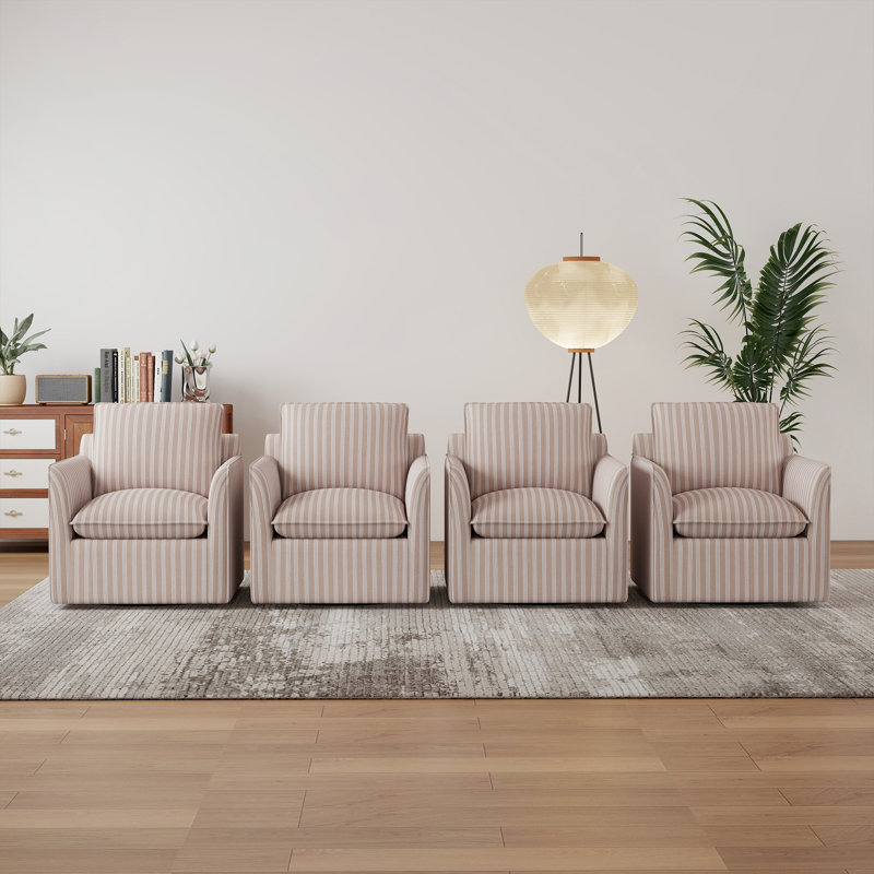 Fauteuil demi-tonneau pivotant à rayures douces modernes 29,7 po avec coussin amovible (ensemble de 4), Brown