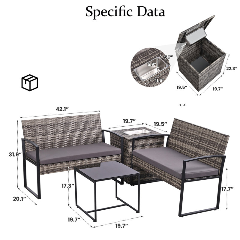 Ensemble de 4 canapés modulaires en osier de patio avec coussins lavables Pe, Gris, Gris