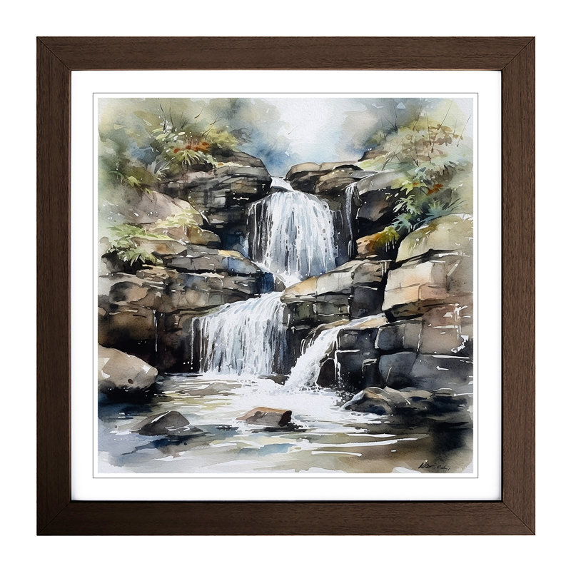 Waterfall Watercolour - Framed Print, Walnut