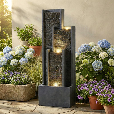 40 Inch Modern Outdoor Water Fountain, Floor Standing Cascading Waterfall With Contemporary Curves, Suitable For Porch, Office, Home Garden, Patio