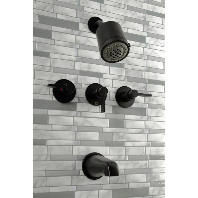 Kingston Brass NuvoFusion Triple-Handle Tub and Shower Faucet, Matte Black