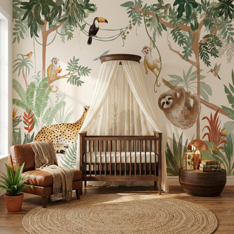 Papier peint jungle animaux tropicaux, 100 po x 96 po, Peler et coller