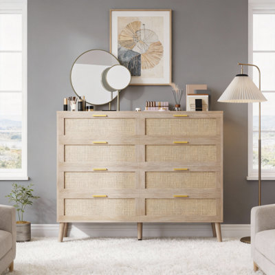 Commode 8 tiroirs en rotin, grande commode campagnarde de 47 pouces avec pieds en bois massif, commode moderne en bois, commode avec tiroirs pour le salon de la chambre à coucher, vestibule, naturel