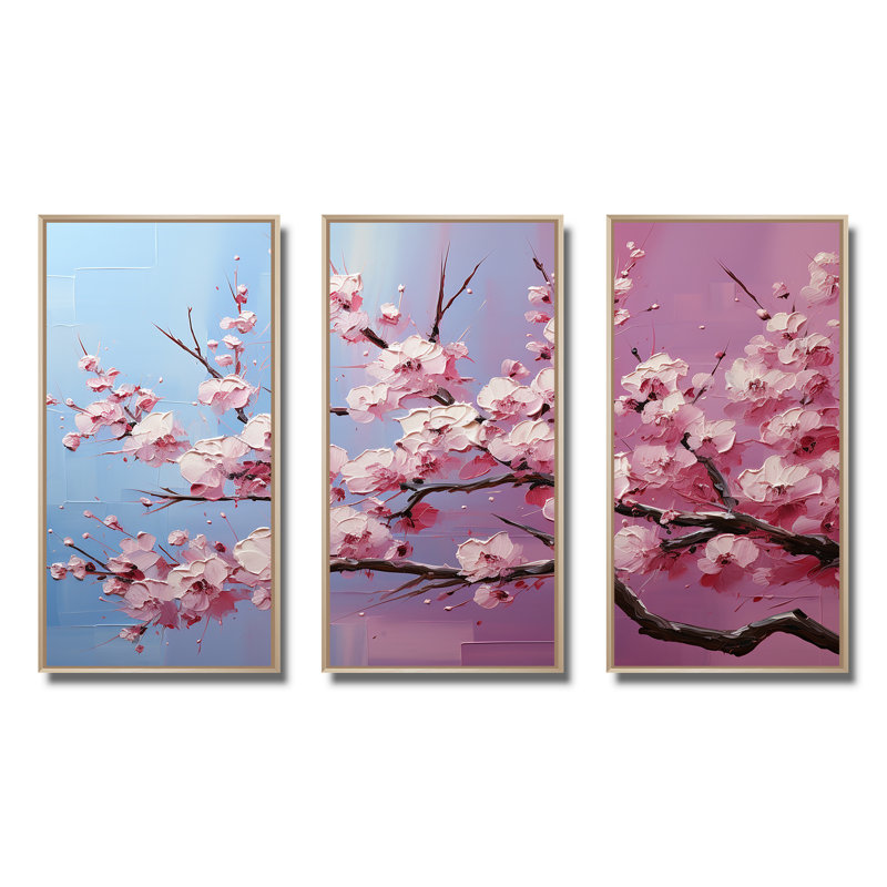 «Pink Whispering Cherry Blossoms I», art mural fleurs, Cadre flottant brun, H 32 po x l 48 po x P 1 po