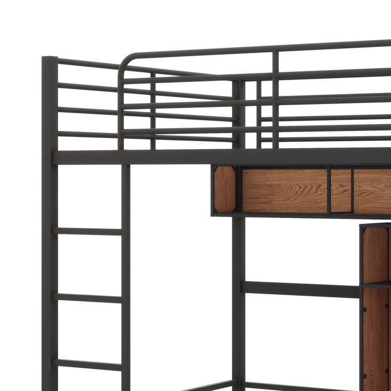 Lit mezzanine double en métal et en bois avec bureau en L et tablettes