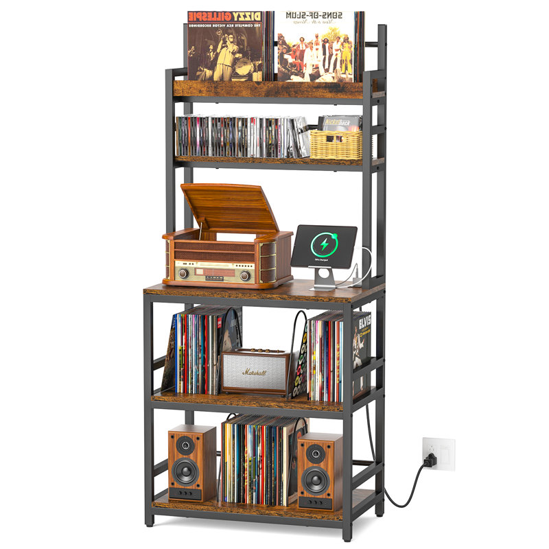 Large Record Player Stand With Storage Shelf, 5-Tier Record Player Table Holds Up 500+ Albums, Turntable Stand With Charging Station & CD/DVD Rack, Record Storage For Living Room, Bedroom