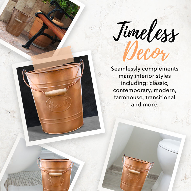 Copper Galvanized Farmhouse Trash Can with Wooden Handle
