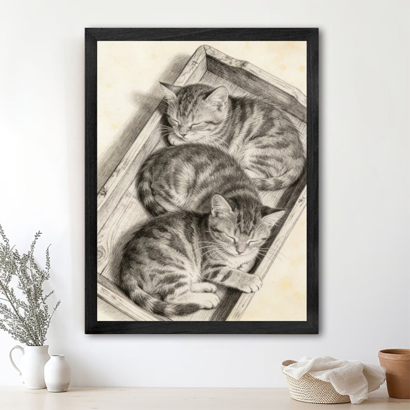 Reproduction d'art encadré noir rétro avec trois chats endormis, H 11 po x l 9 po