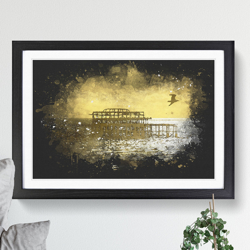 Brighton West Pier at Sunset Paint Splash - Picture Frame Graphic Art, 65cm H x 90cm W x 2cm D, Black
