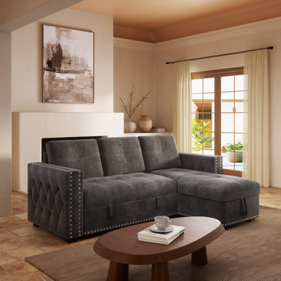 90" Reversible Velvet Sofa Bed With Storage Function