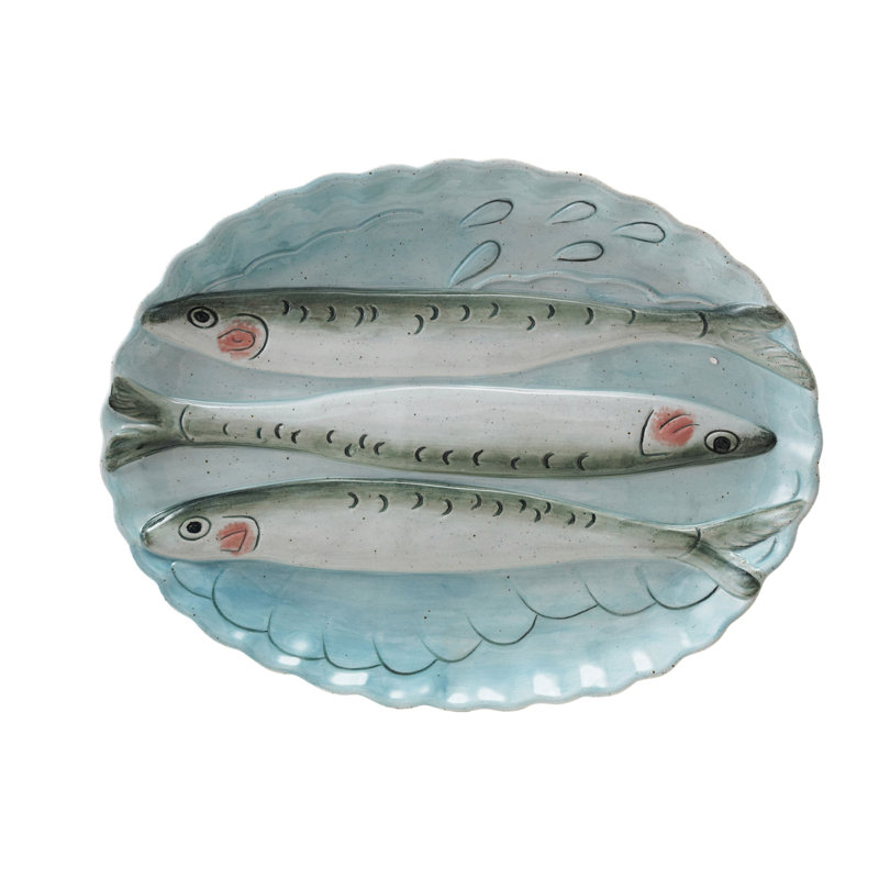 Assiette festonnée ovale en grès avec image 3D de poisson