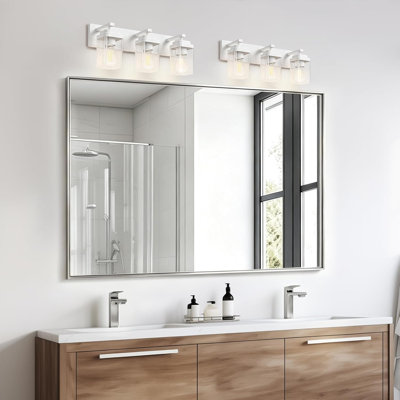 White Bathroom Light Fixtures, 3 Lights Bathroom Lighting Fixtures Over Mirror, Square Design & Rectangle Large Backplate, Modern Vanity Lighting Fixtures, for Bathroom/Living Room/Bedroom