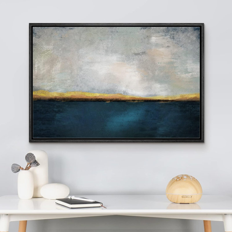 «Pastel Teal Sky Minimal Abstract Landscape Contemporary Art Living Room Office Room on Canvas Print, Cadre flottant noir