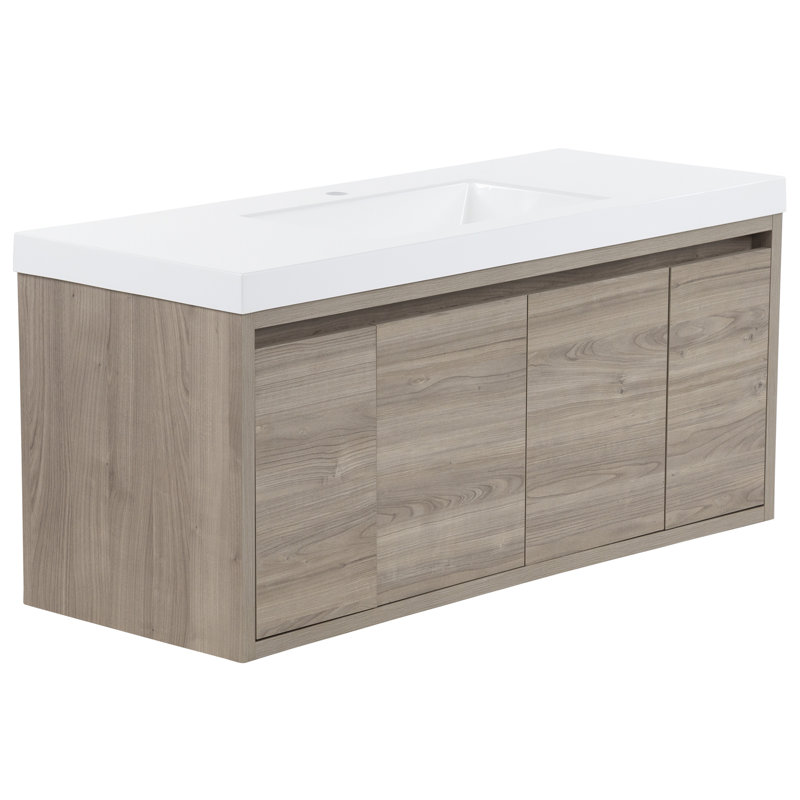 Meuble-lavabo mural simple de 48,5 po avec comptoir en marbre synthétique pour la salle de bain, Orme de forêt
