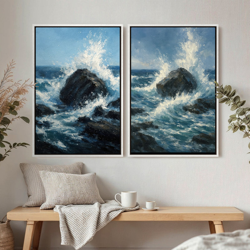 Art mural encadré sur toile - "Ocean Wave Rock", impressions murales abstraites pour chambre à coucher - 24 po x 36 po x 2 pièces