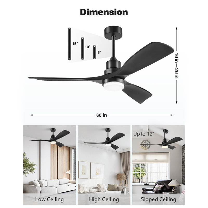 60 Inch Ceiling Fan with Lights Remote Control, Black
