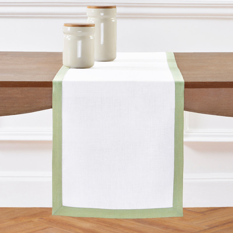 Classic - 100% Pure Linen Table Runner, 120" x 14", Narrow Border, Sage Green/White