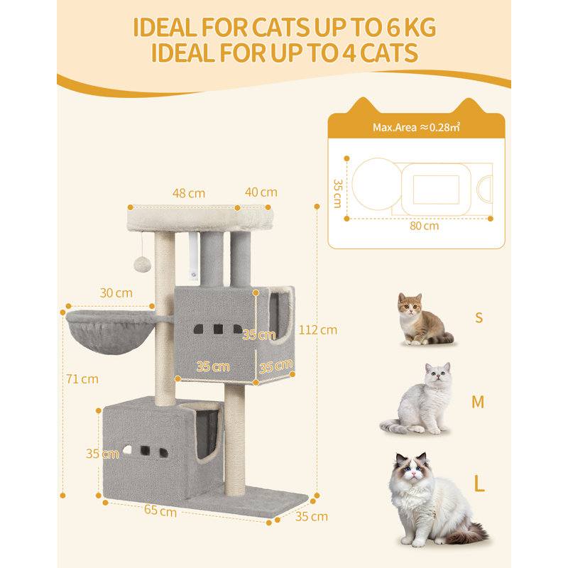 Cat Tree, 98 cm Tower, Sisal Scratching Post, Cats Tower for Indoor, Multi-Level Stable Cat Tree with Cats House, 2 Caves, Pompoms,  Dark Grey, Light Grey