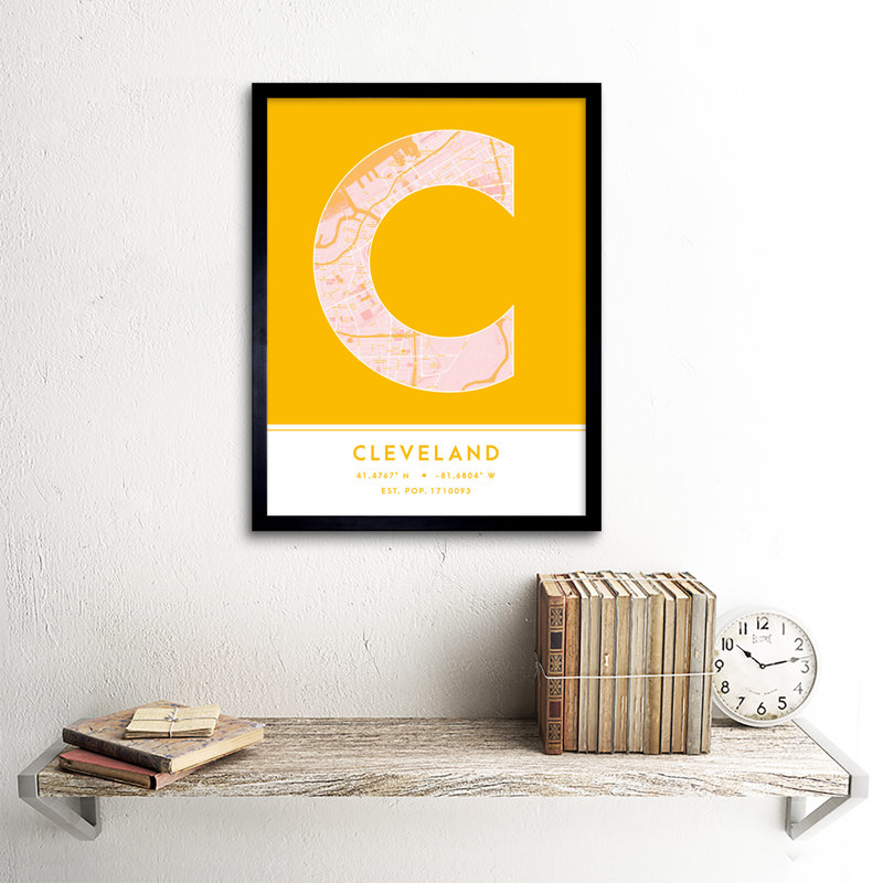 Cleveland Ohio United States City Map Yellow - Single Picture Frame Typography