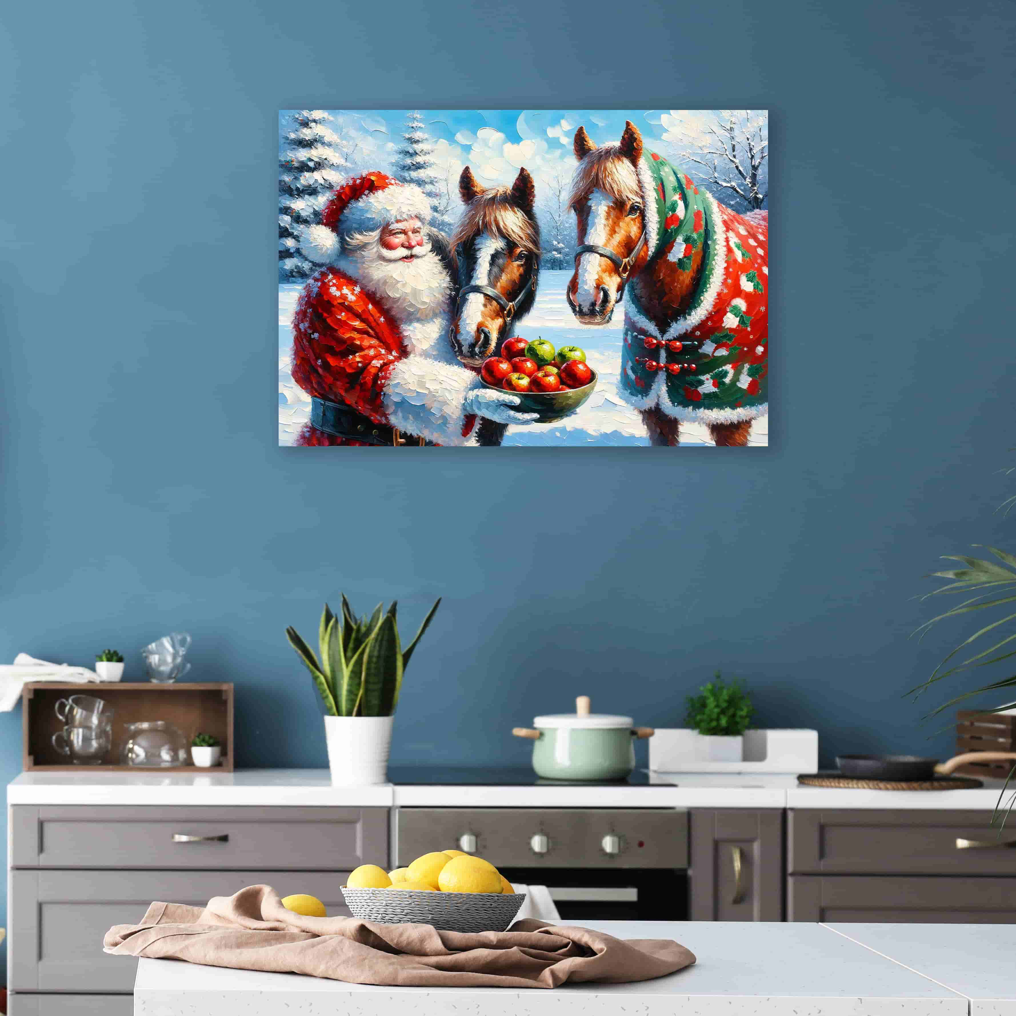 Jolly Holiday Cheer - Santa Sharing Joy With Festive Horses Canvas Print On  Canvas Print