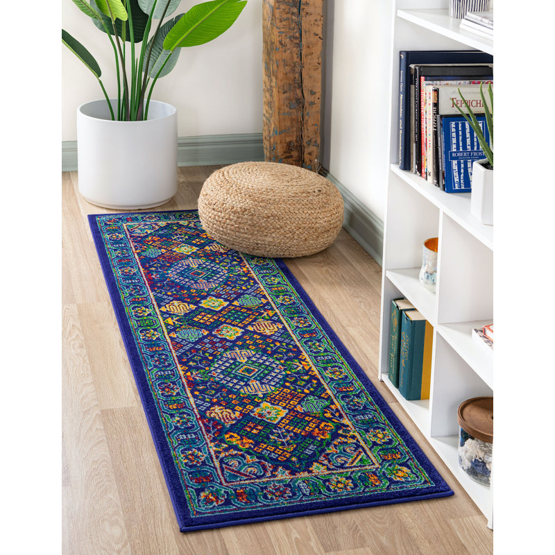 Tapis ovale oriental bleu marine / bleu / jaune, Tapis de couloir 2 pi x 6 pi