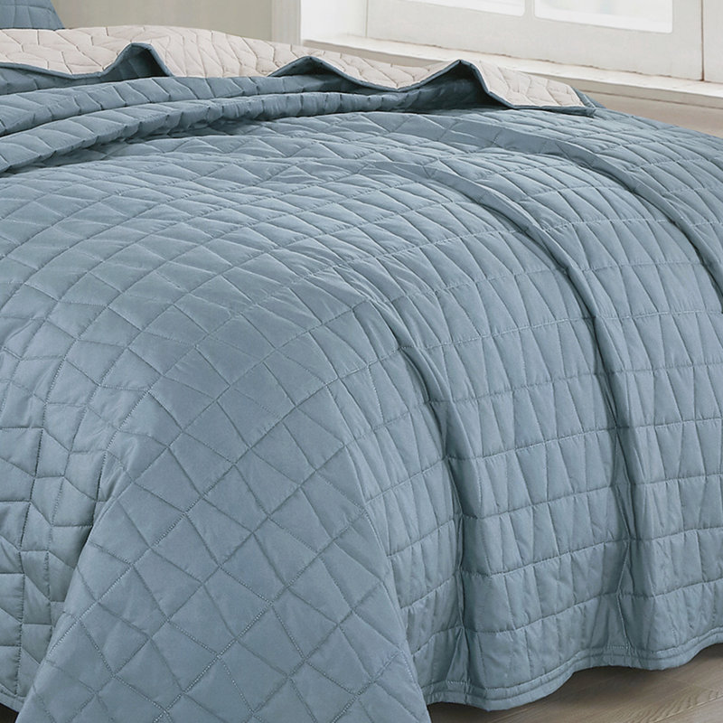 3-Piece Reversible Blue-Gray Solid Diamond-Quilted Microfiber Queen Bedspread Set,Queen