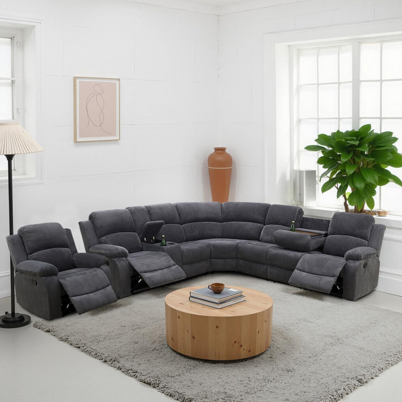 Canapé modulaire manuel inclinable avec fauteuil, console de rangement / table rabattable / porte-gobelets