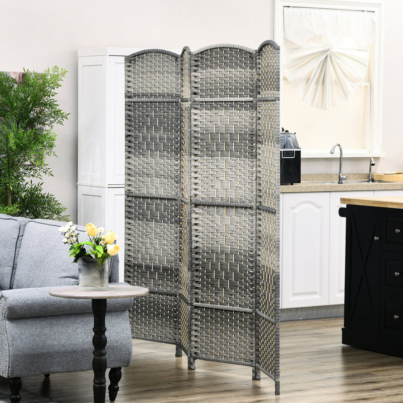 4 Panel Room Divider, 6' Tall Folding Privacy Screen. Mixed Gray Hand-Woven Wood Partition For Home. Versatile Office, Bedroom. Lightweight, Foldable, . No Assembly Required , Foldable.