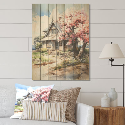 «Blossom Bungalow By The Lake I», impression de paysage sur bois