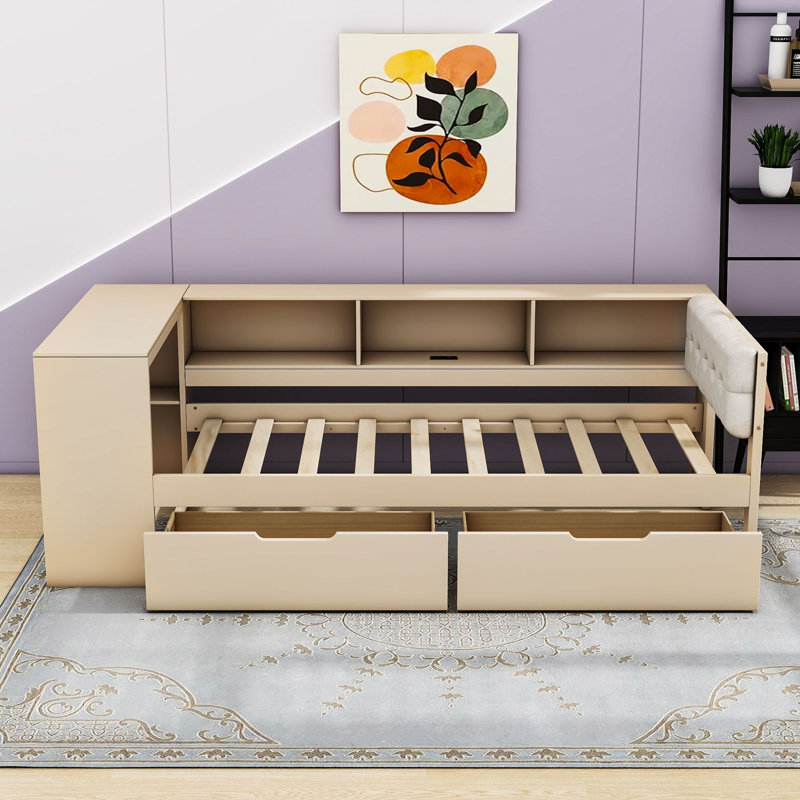 Two Drawers Wood Platform Bed with Storage Shelves and Charging Station, Twin, Cream