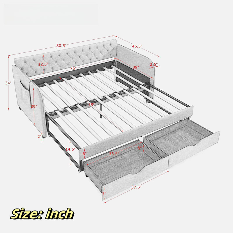 Tanikia Upholstery Daybed with Trundle, Pocket and 2 Drawers, Gray