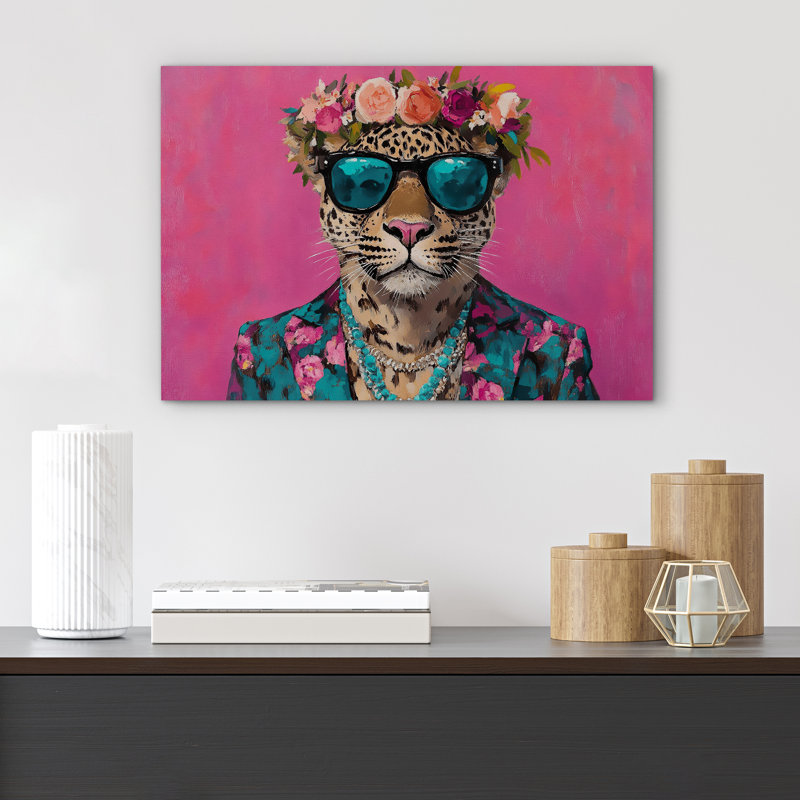 «Bright Preppy Animals», léopard rose vif avec couronne de fleurs, impression sur toile encadrée, Toile tendue