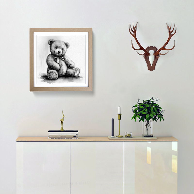 Teddy Bear Ink Wash - Framed Print, Oak