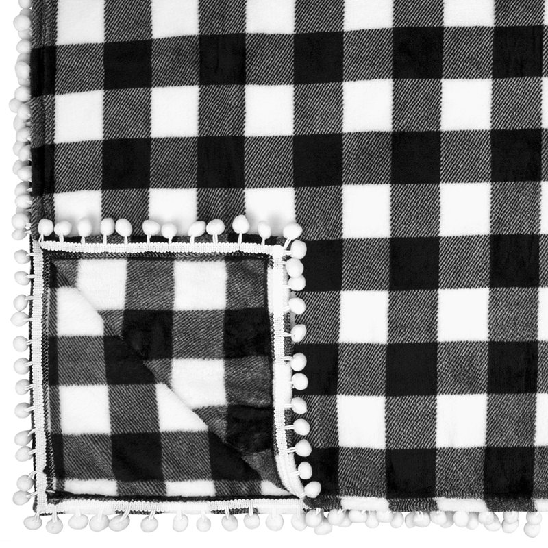 Pavilia Deluxe Checkered White Twin Fleece Throw with Pom Pom Fringe