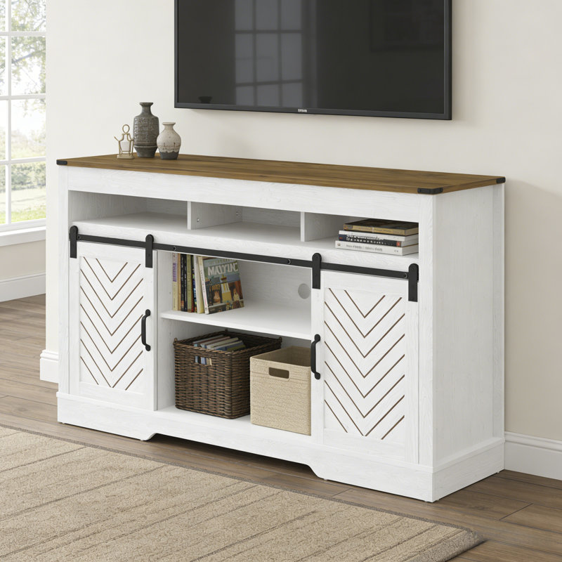 58'' Media Console TV Stand for TVs Up to 70" - Farmhouse Modern Style with Sliding Doors & Adjustable Shelves, White/Natural