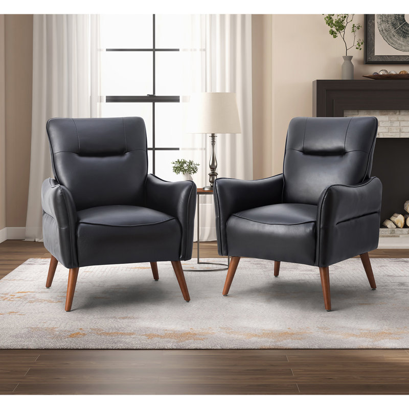 Fauteuil moderne en simili cuir avec pieds en bois massif Amiriya, Similicuir noir