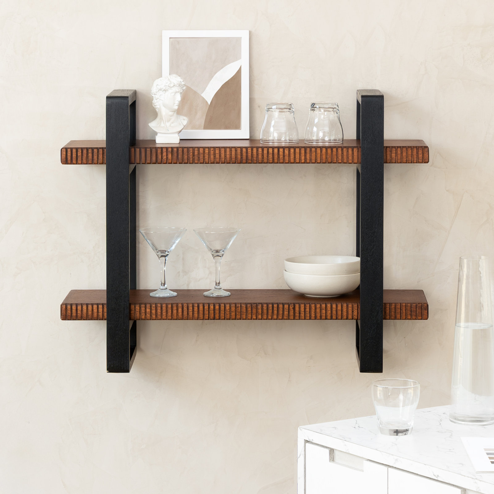 Celentano Solid Wood 2 Tier Wall Mounted Shelves, Walnut