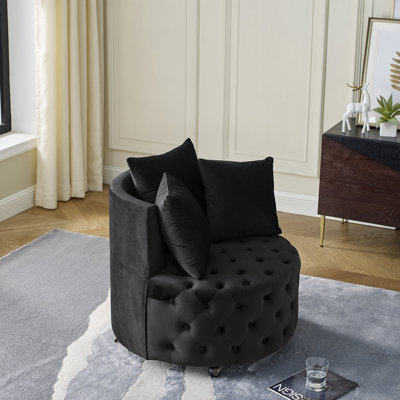 La chaise de salon pivotante en velours, à boutons et à roulettes mobiles, noire, offre une assise moderne capitonnée et idéale pour la chambre à coucher