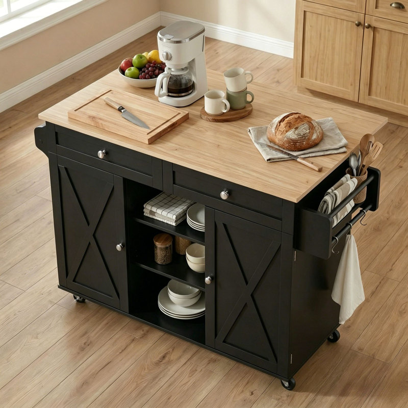 Îlot de cuisine l 50 po avec comptoir rabattable, armoire de rangement roulante noire avec roues verrouillables, Noir