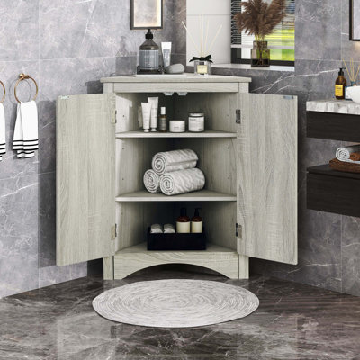 Oak Finish Freestanding Triangle Bathroom Floor Cabinet With Adjustable Storage Shelves
