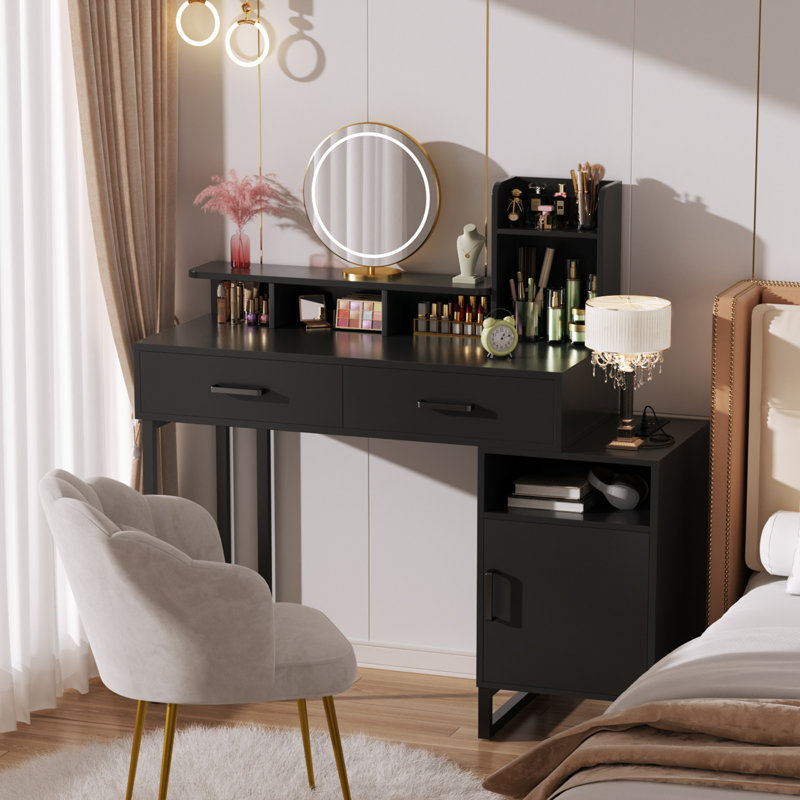 Small Vanity Desk with Charging Station, Black